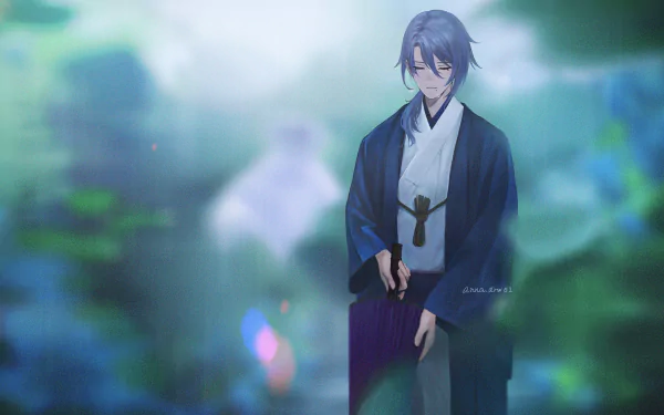 Kamisato Ayato from Genshin Impact in flowing blue-and-white robes, standing against a soft green-blue bokeh background — 2K Quad HD PC desktop wallpaper.