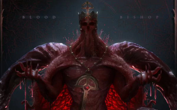 Video game Diablo IV HD PC wallpaper/background: towering blood-red demonic bishop with a tentacled face, outstretched arms and a glowing chest sigil against a dark backdrop.