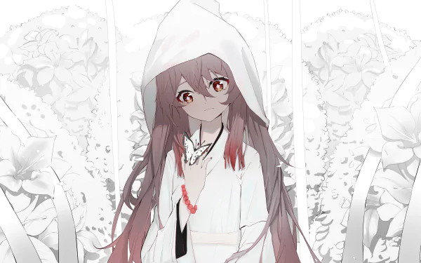 Hu Tao from Genshin Impact in a white hooded outfit with a serene expression, set against a delicate floral background, captured in stunning 8K Ultra HD quality.