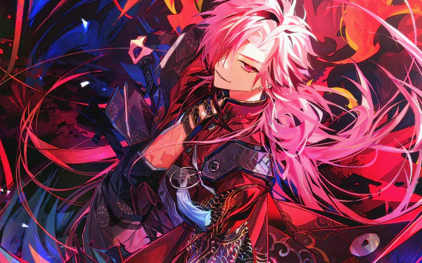 HD PC desktop wallpaper featuring Takasugi Shinsaku from Fate/Grand Order in vibrant anime style with dynamic red and pink hues.