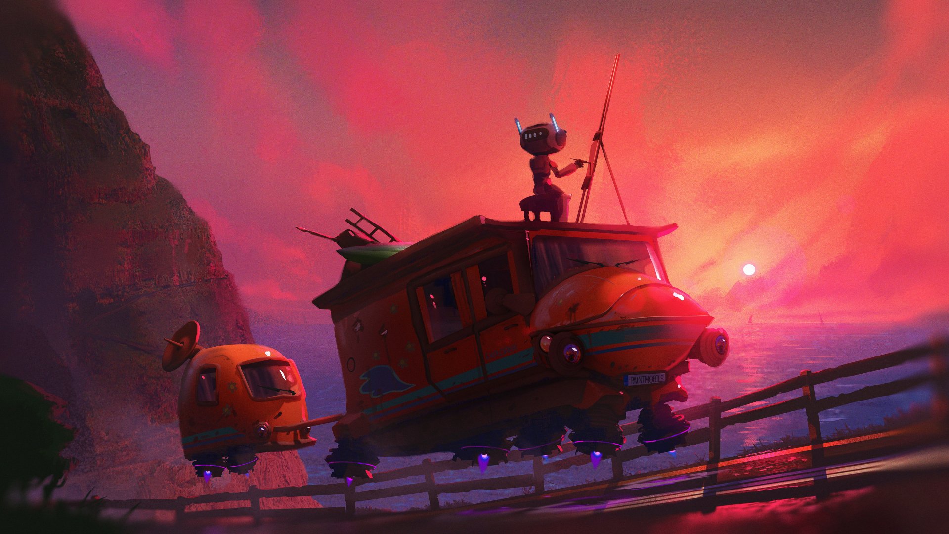 Sci‑Fi 4K Ultra HD PC desktop wallpaper and background: a small robot stands on a retro‑futuristic hovervan towing a pod as it speeds along a cliffside rail beneath a vivid sunset.