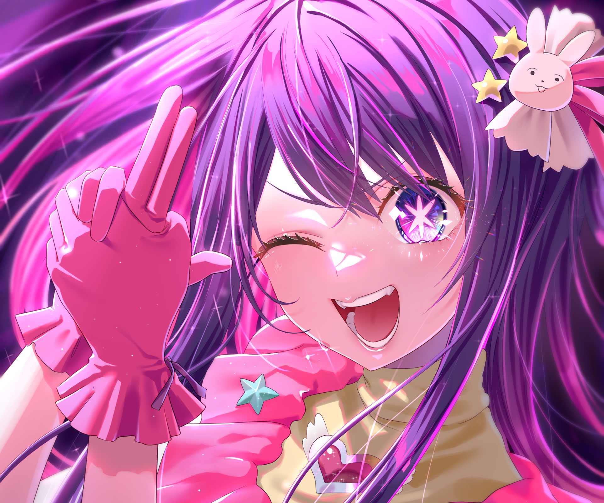 HD PC desktop wallpaper featuring vibrant anime character Ai Hoshino from Oshi no Ko with bright purple hair and a playful wink.