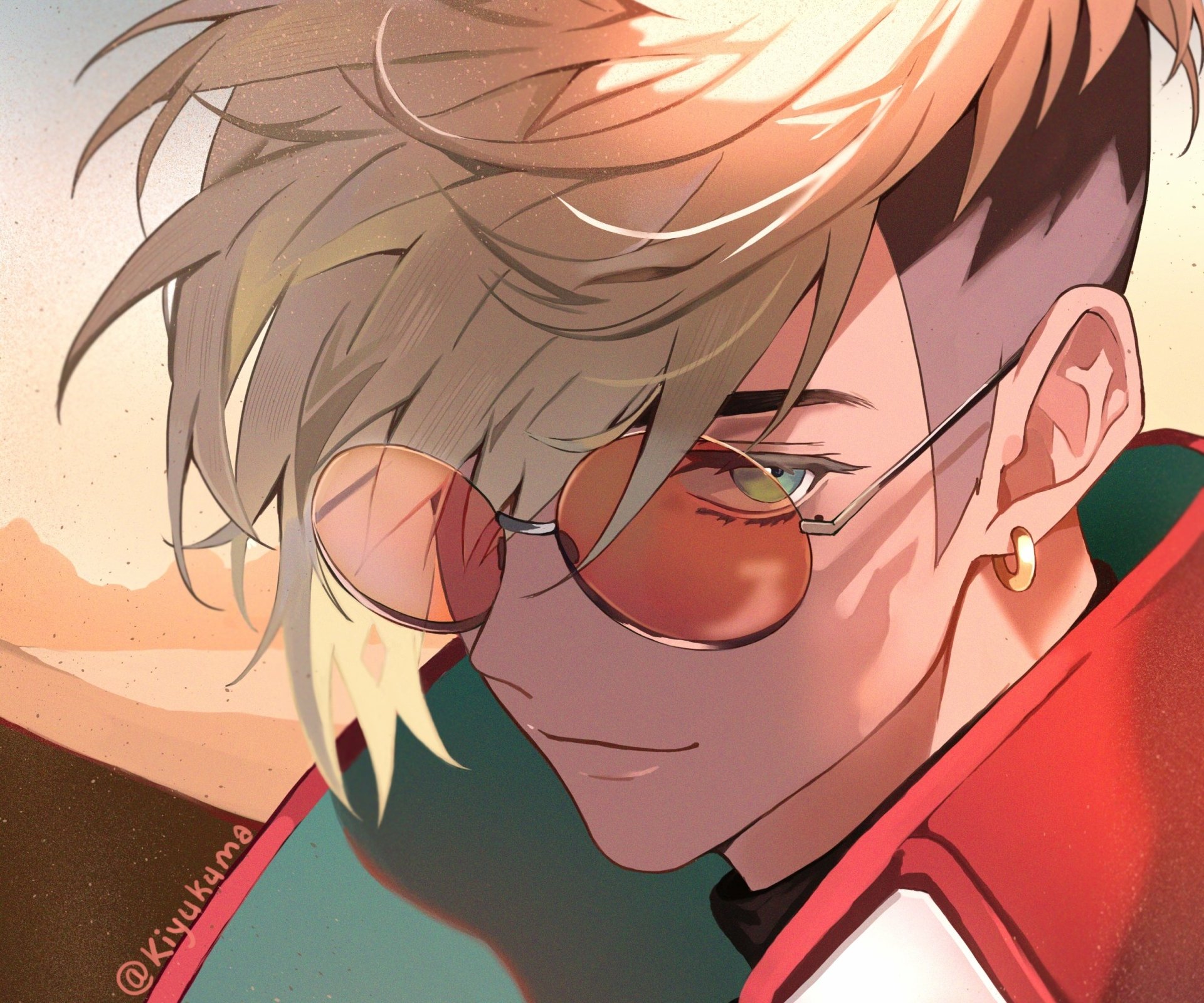 Close-up HD anime artwork of Vash the Stampede from Trigun Stampede, featuring detailed shading and warm tones, designed as a vibrant PC desktop wallpaper.