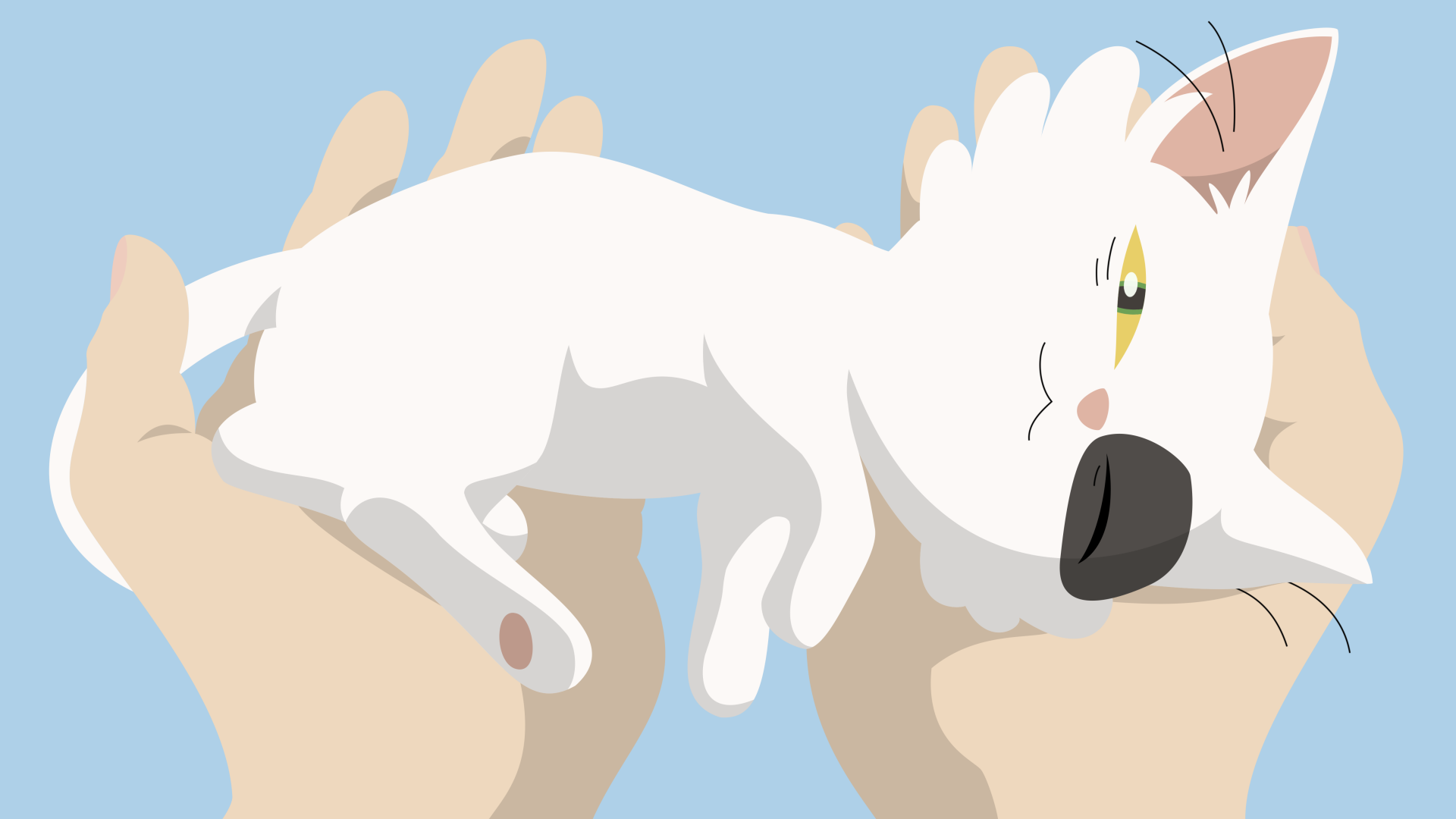 4K Ultra HD anime wallpaper featuring Daijin, the white cat from Suzume no Tojimari, resting peacefully in a pair of hands against a soft blue background.