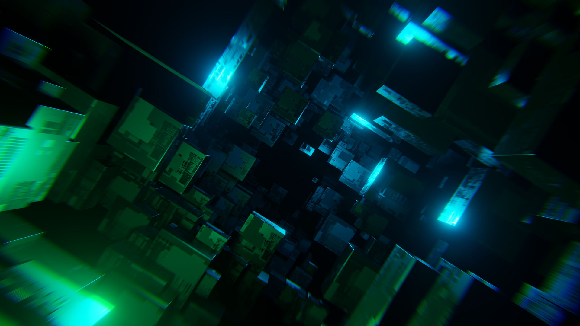 Dark, abstract 3D composition with glowing blue and green cubes, rendered in 4K Ultra HD as a dynamic PC desktop wallpaper and background.
