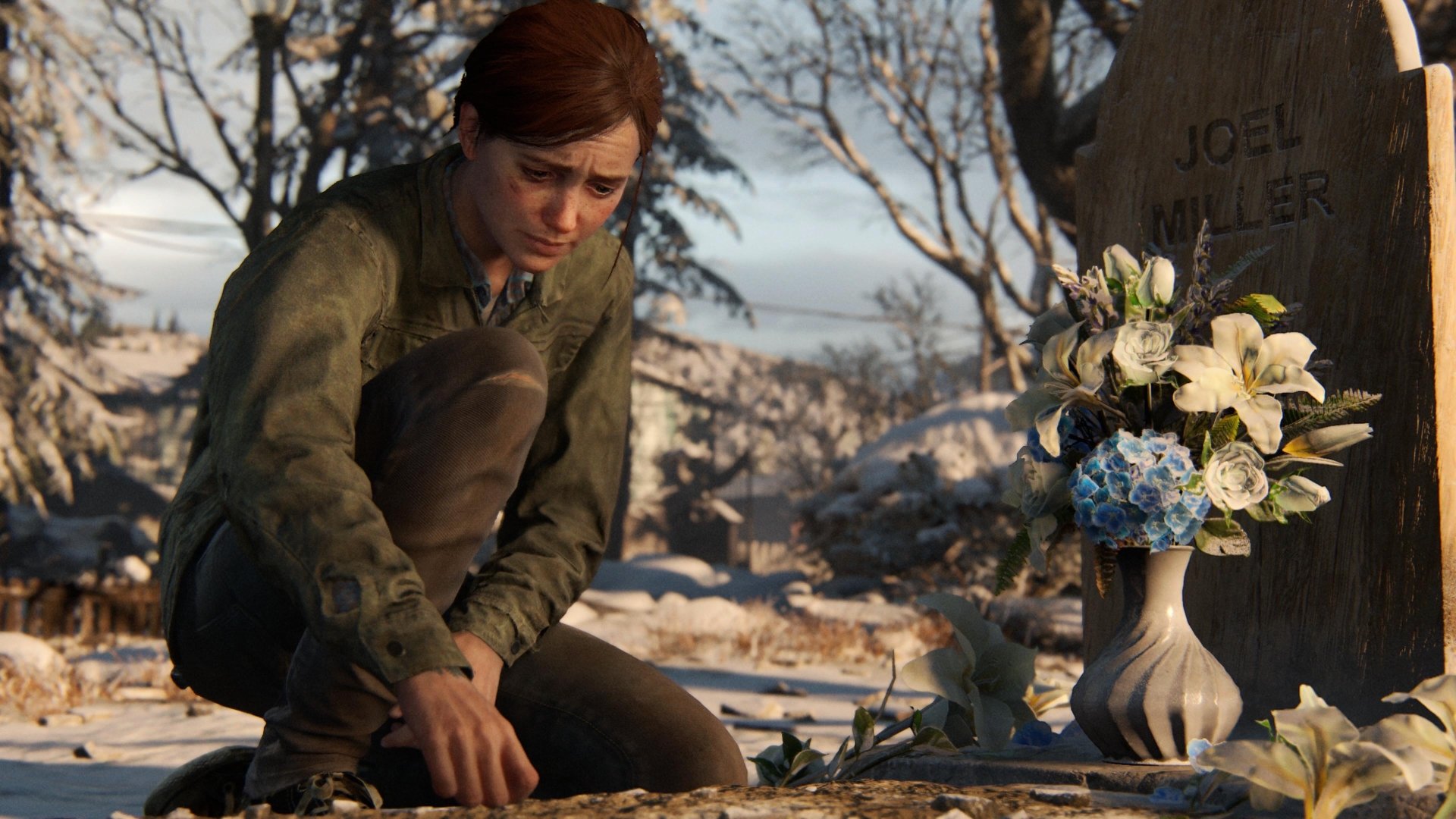 Ellie from The Last of Us Part II kneels by a gravestone, placing flowers in a serene 4K Ultra HD PC desktop wallpaper background.