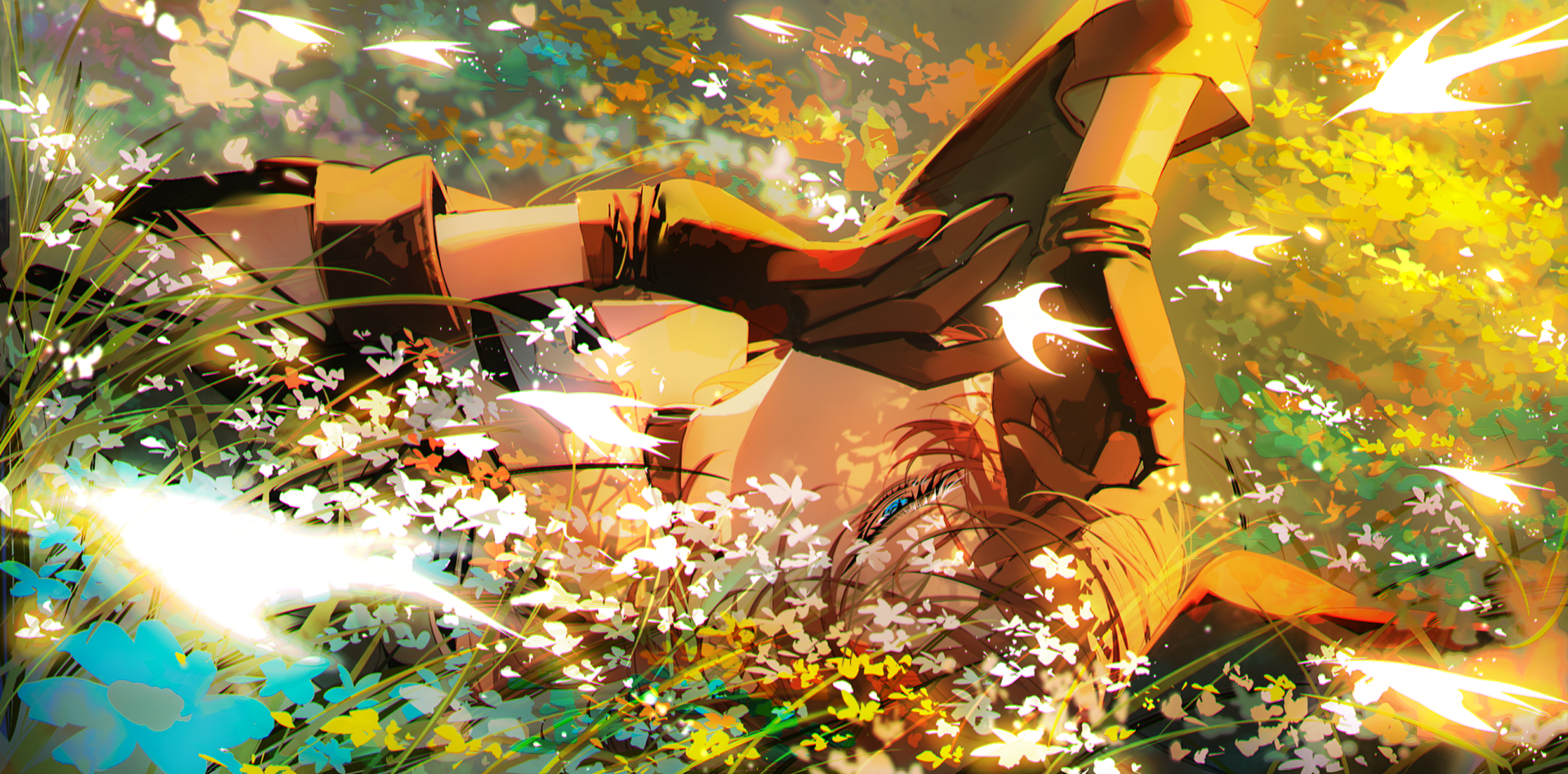 HD anime desktop wallpaper featuring Chuya Nakahara from Bungou Stray Dogs lying among vibrant flowers in a serene, sunlit setting.