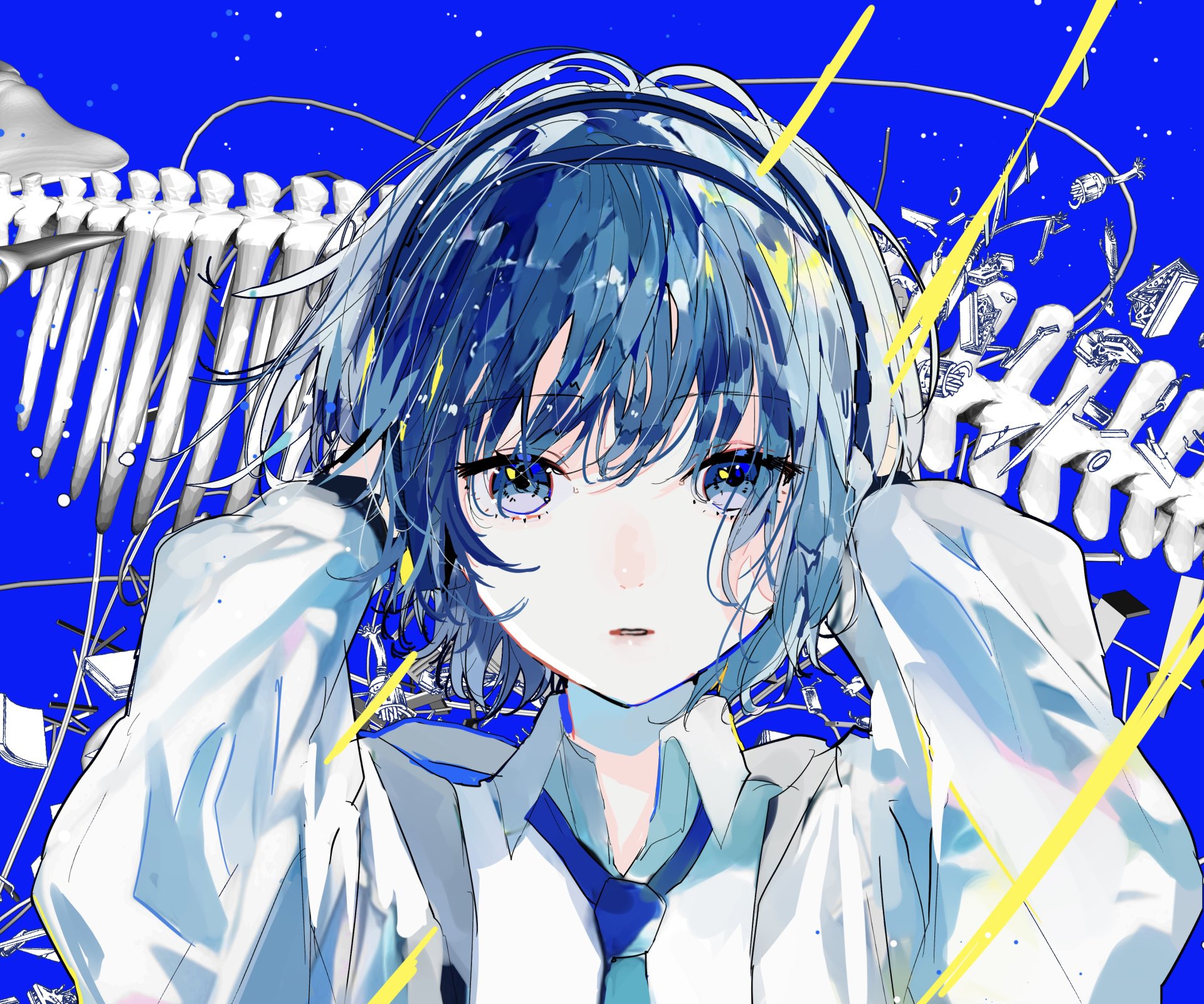 HD anime wallpaper featuring a close-up of a blue-haired anime girl with expressive eyes, set against a dynamic background with artistic white and yellow elements.