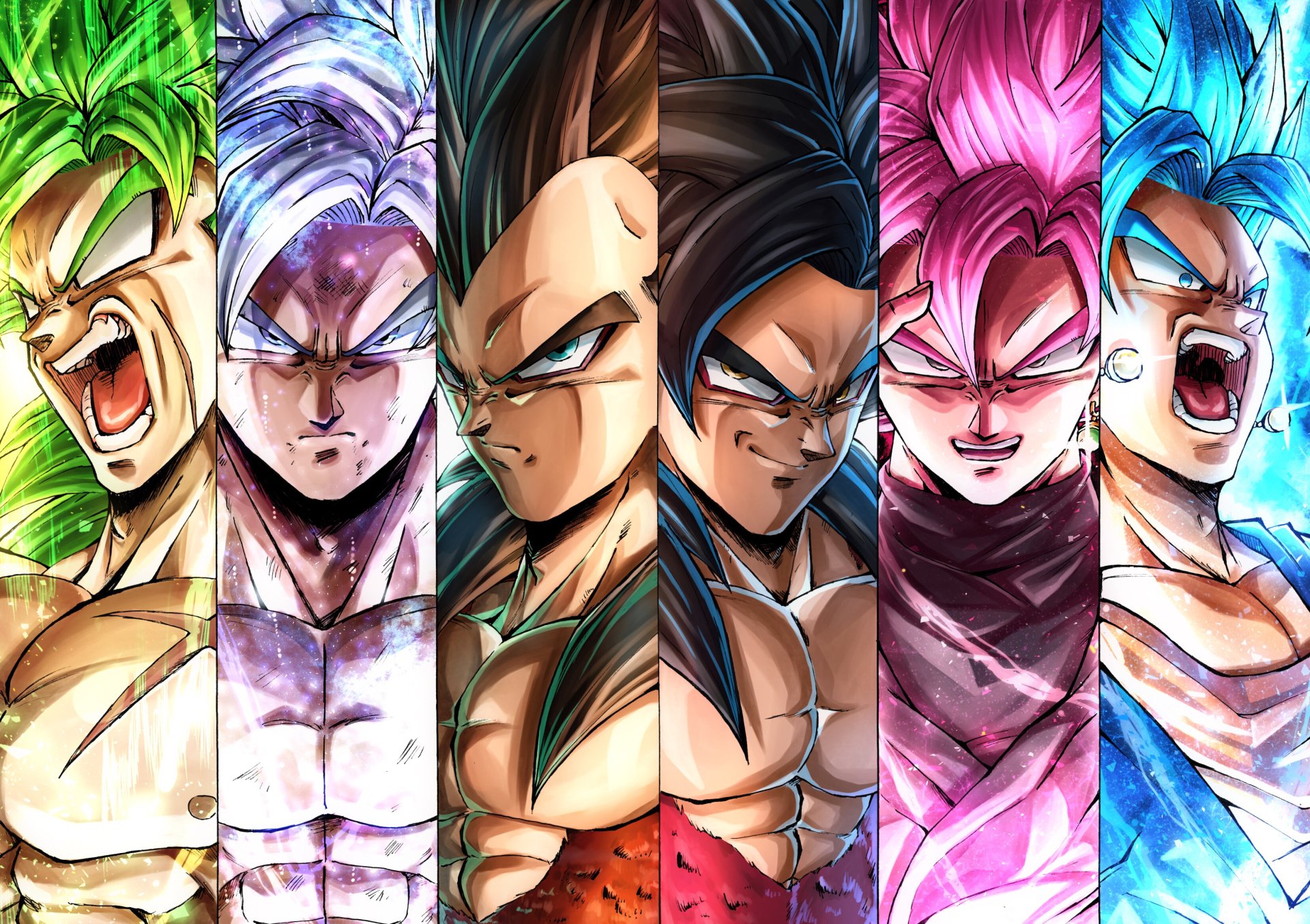 HD PC desktop wallpaper showcasing Dragon Ball characters Broly, Goku, Vegeta, Vegito, and Goku & Vegeta in vibrant anime style.