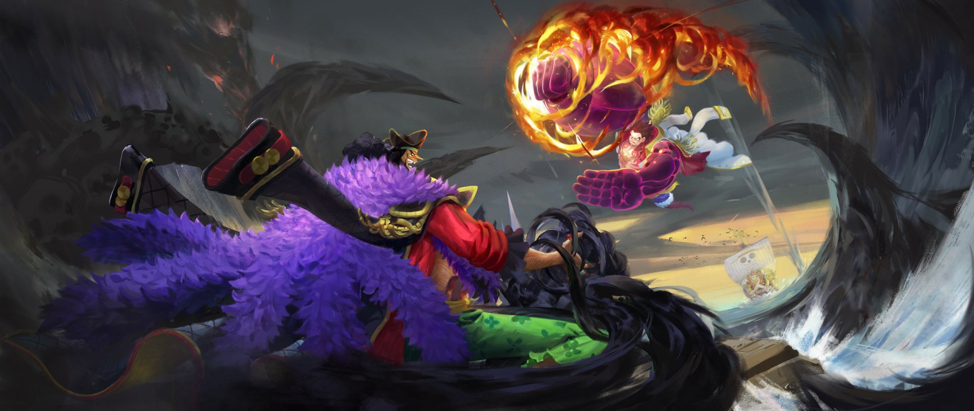 Monkey D. Luffy and Marshall D. Teach clash intensely in this dynamic One Piece HD PC desktop wallpaper and background.