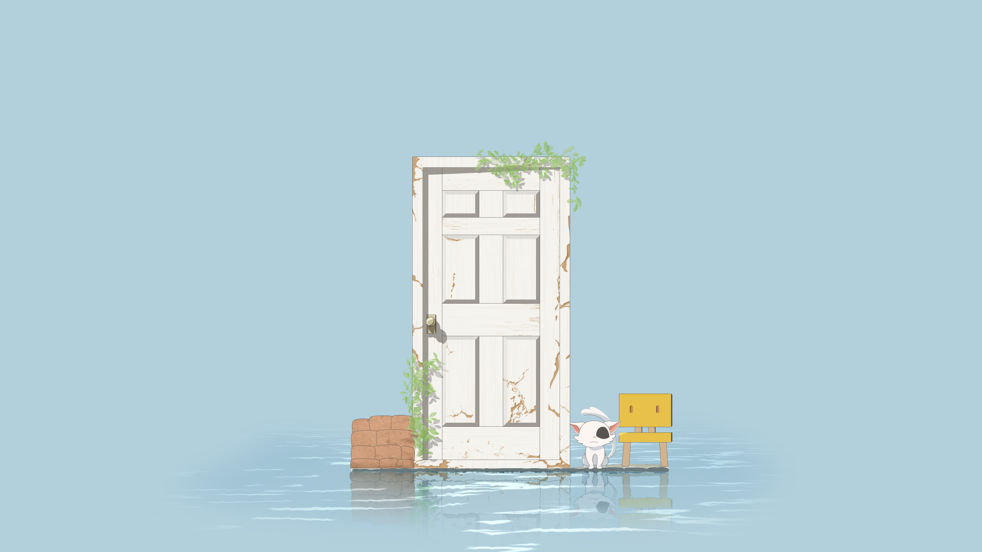 4K Ultra HD anime wallpaper from Suzume no Tojimari featuring a white door framed by plants, a small robot, and a yellow chair against a calm blue background.