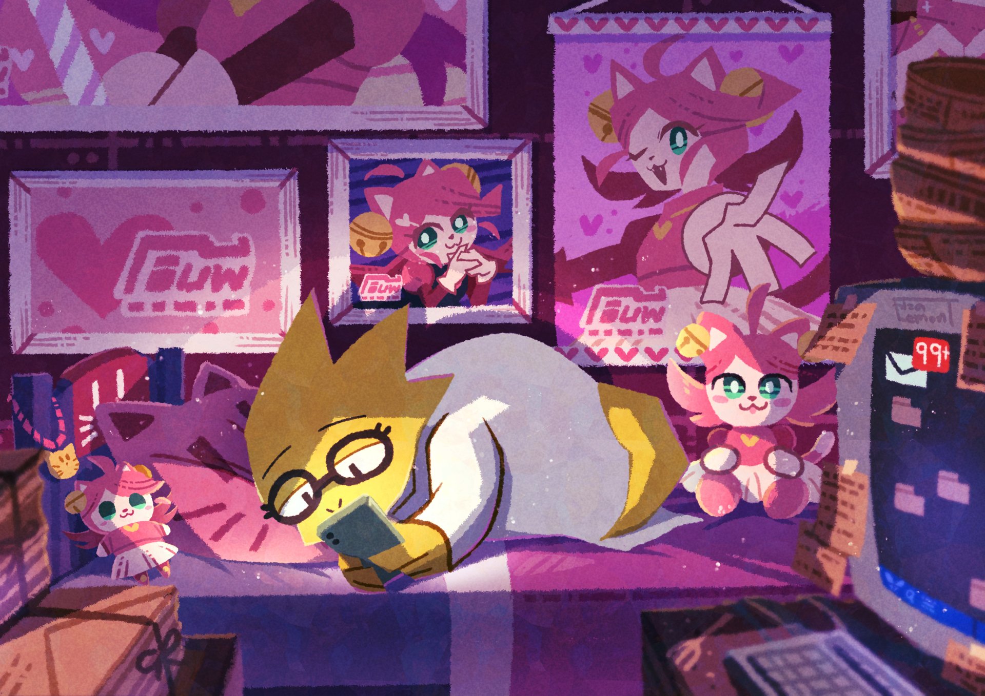 4K Ultra HD PC wallpaper featuring Alphys from the video game Undertale, surrounded by plushies and vibrant posters in a cozy, purple-toned room.
