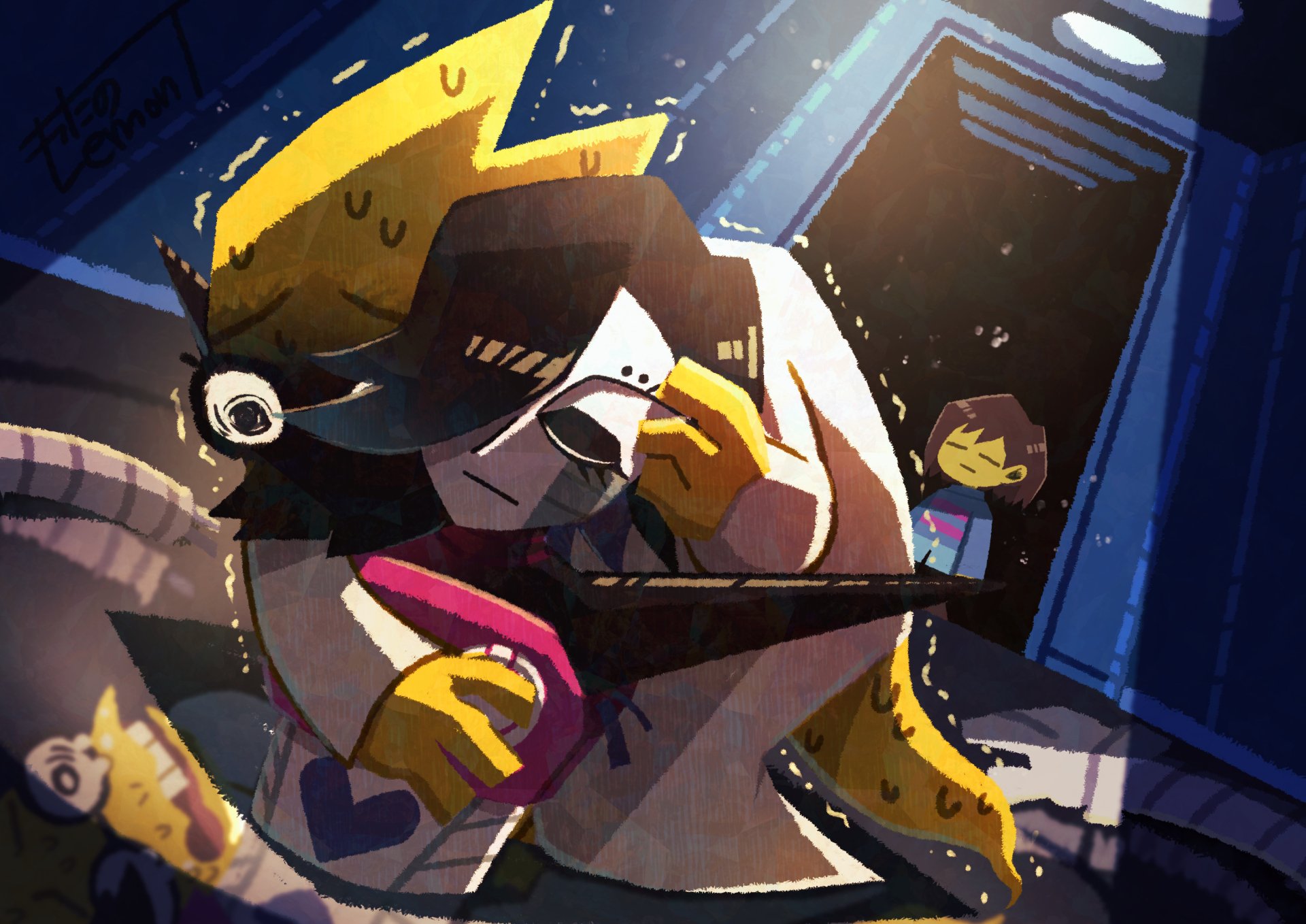 4K Ultra HD PC wallpaper featuring Mettaton EX, Frisk, and Alphys from the video game Undertale in a dynamic, stylized scene with dramatic lighting.