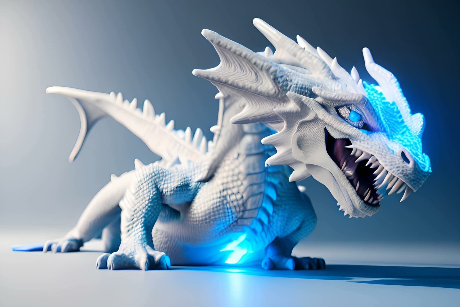 HD PC desktop wallpaper featuring a detailed AI art dragon with glowing blue eyes and accents on a neutral background.