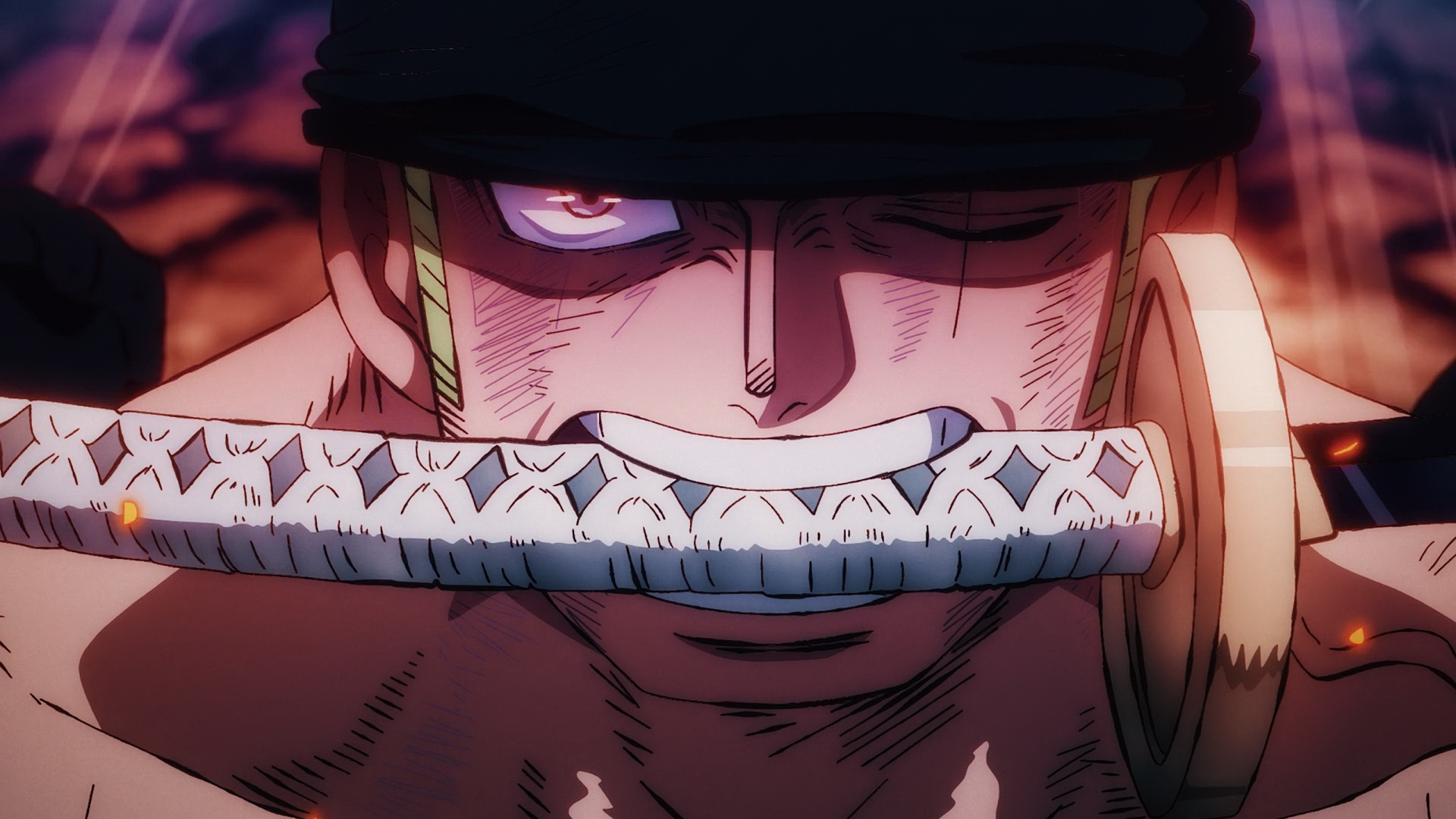HD PC desktop wallpaper featuring Roronoa Zoro from the anime One Piece, showcasing his intense gaze with a sword held between his teeth.
