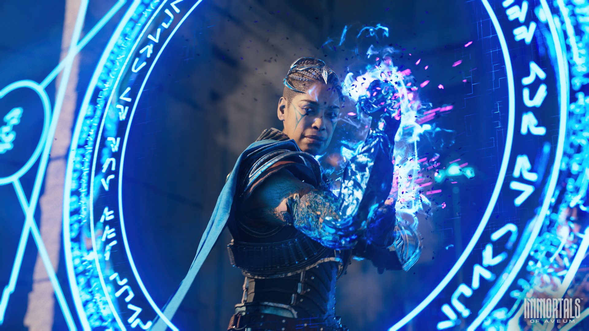 HD desktop wallpaper featuring a scene from Immortals of Aveum with a character casting a spell within mystical runes.