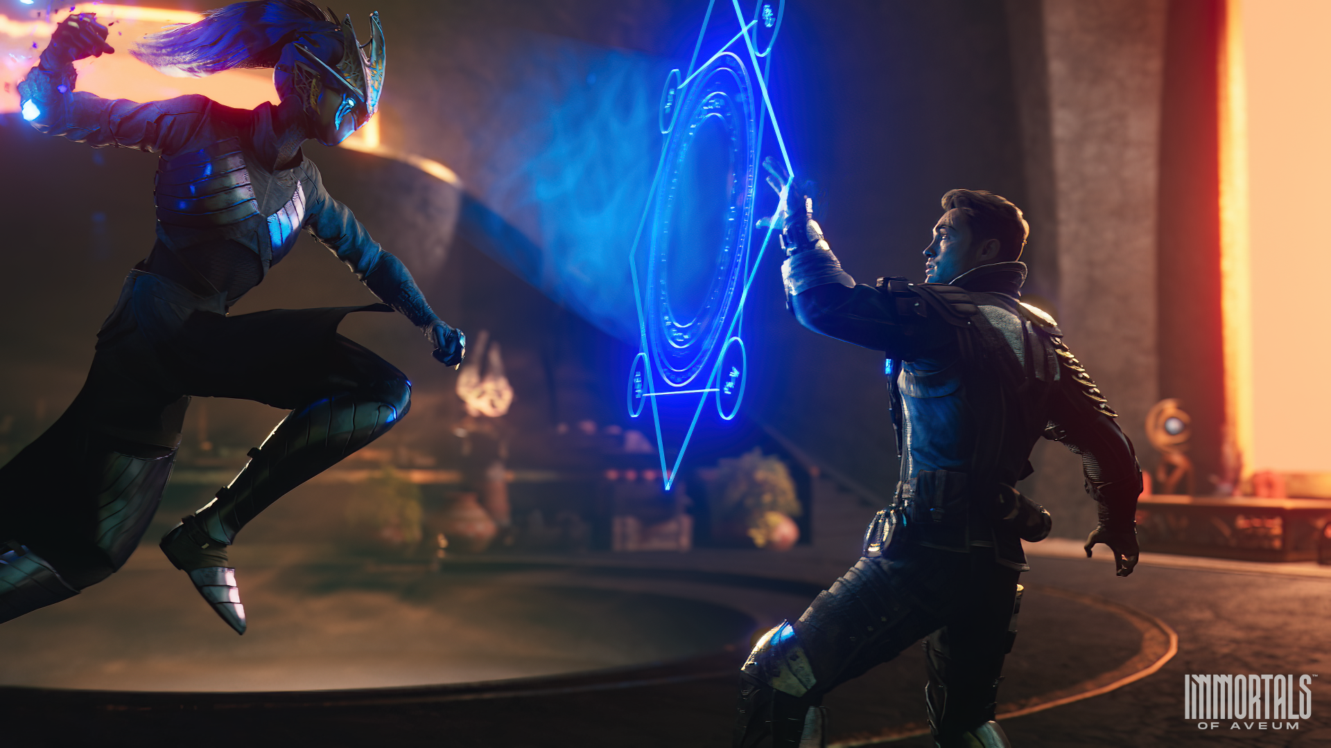 HD desktop wallpaper of Immortals of Aveum featuring two characters in a dynamic battle scene with glowing magical elements.