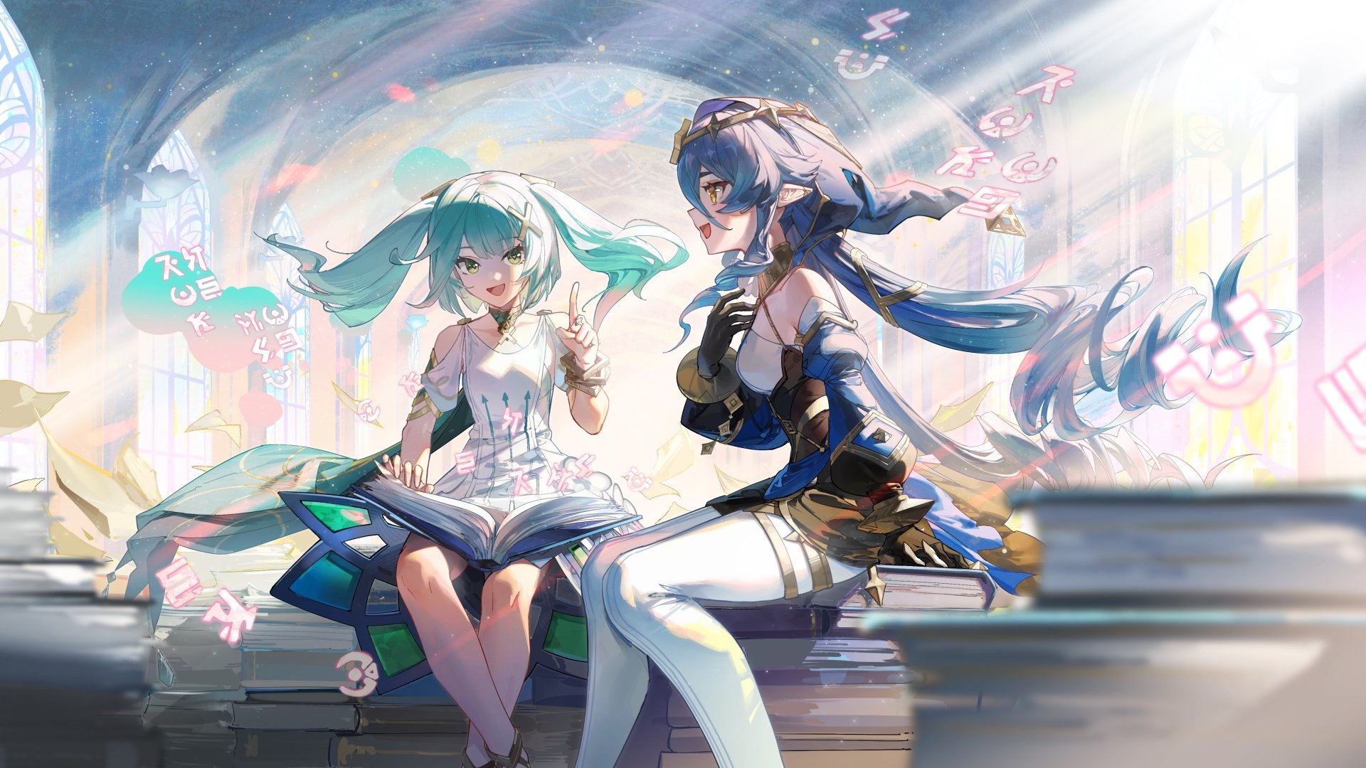 4K Ultra HD PC wallpaper featuring Layla and Faruzan from the video game Genshin Impact, depicted in a soft, bright setting with magical symbols floating around.