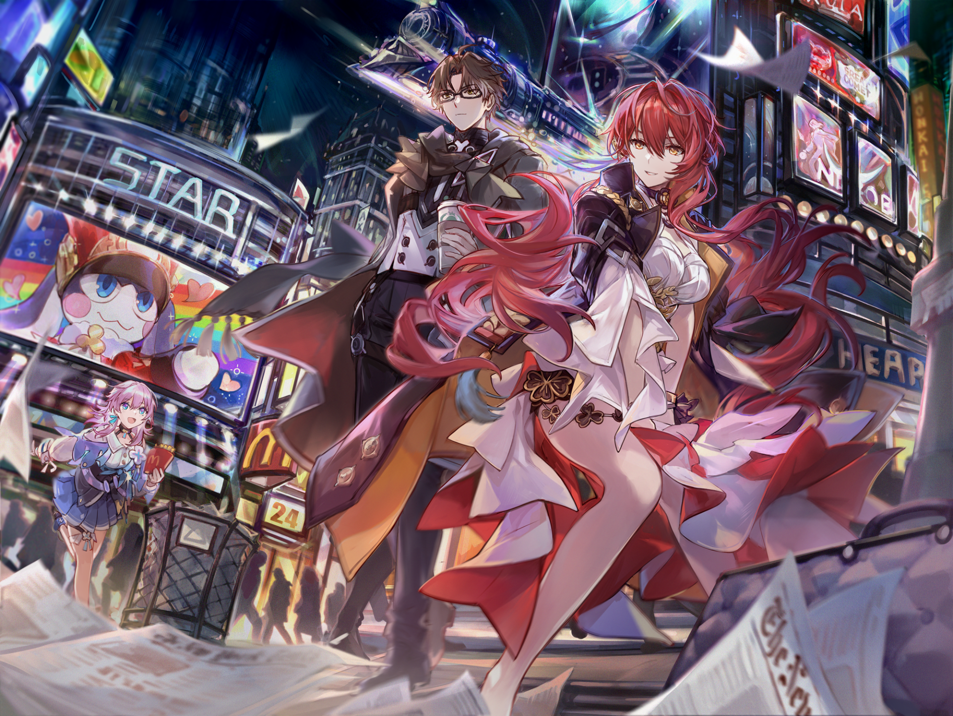 HD PC desktop wallpaper featuring Murata Himeko from Honkai: Star Rail, set against a vibrant cityscape with neon lights on March 7th-themed artwork.
