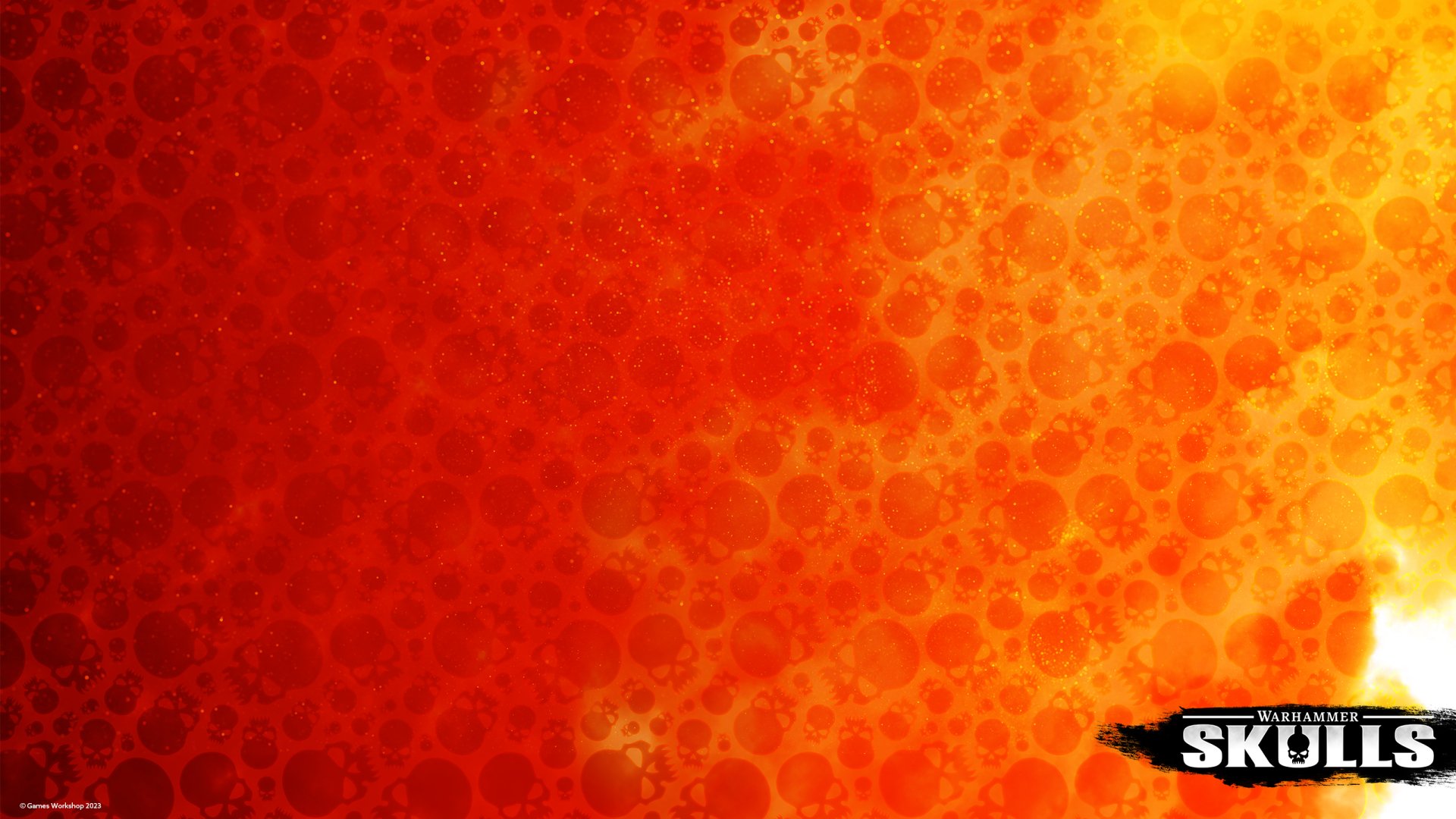 HD desktop wallpaper featuring a vibrant orange Warhammer-themed background with a pattern of bubbles and a skull logo.