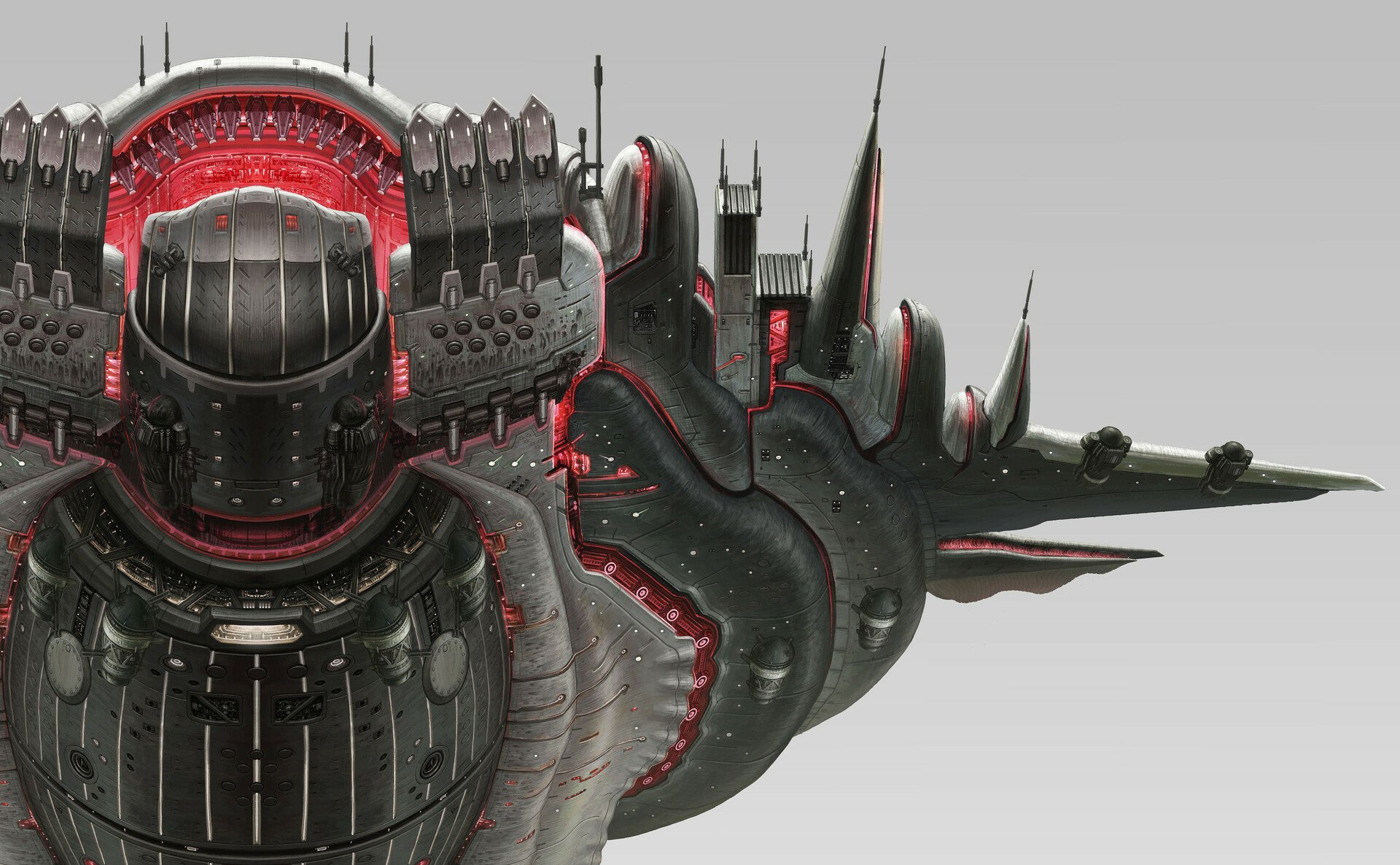 HD desktop wallpaper featuring a detailed sci-fi spaceship with intricate red lighting and sharp, futuristic design elements.