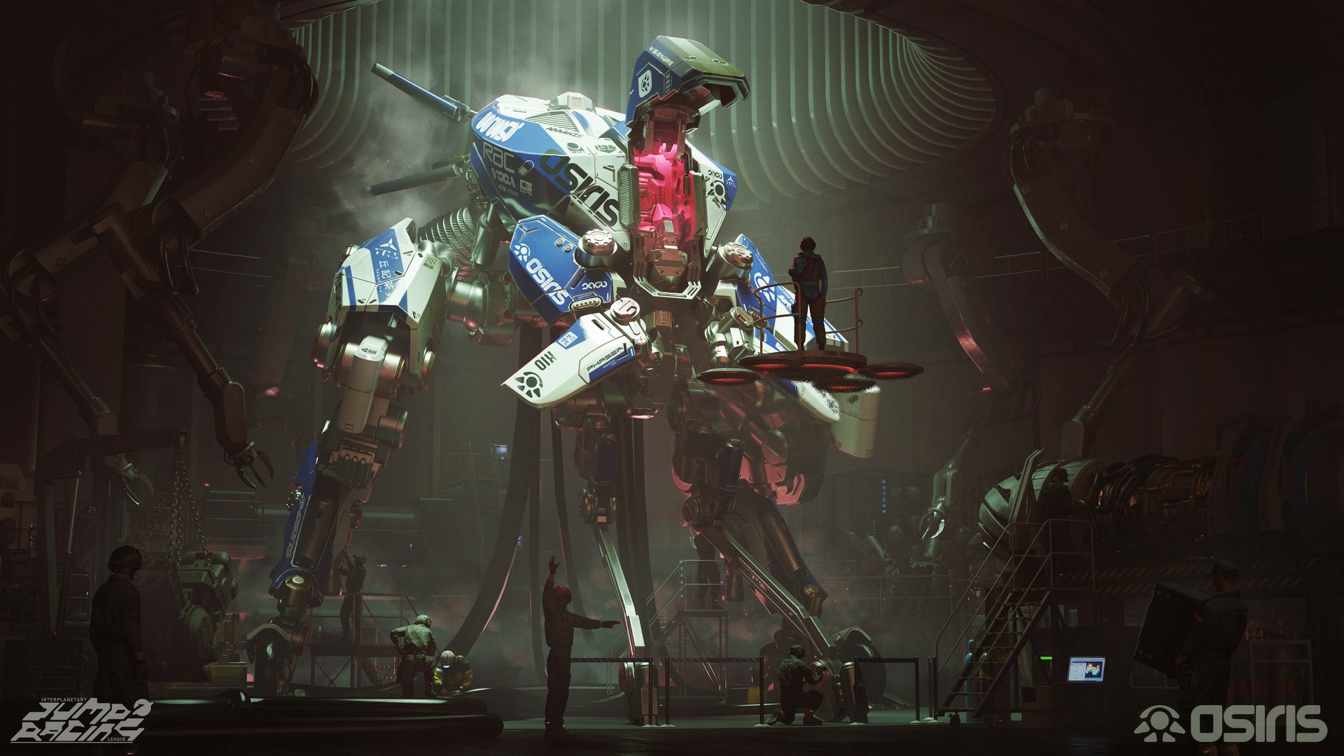HD desktop wallpaper featuring a detailed sci-fi mech in a hangar, surrounded by crew members, with atmospheric lighting and intricate design elements.
