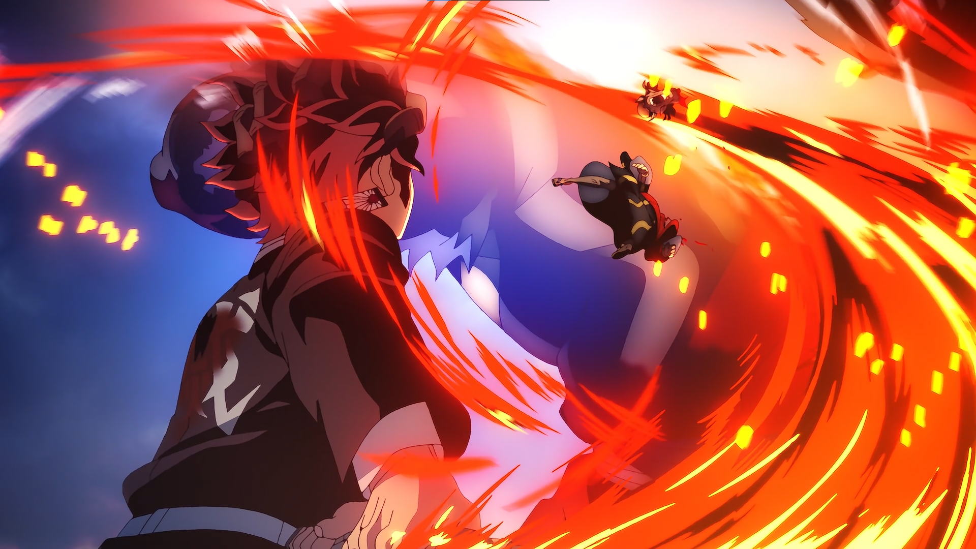 HD PC desktop wallpaper featuring dynamic anime action from Demon Slayer: Kimetsu no Yaiba with fiery battle effects and intense character poses.