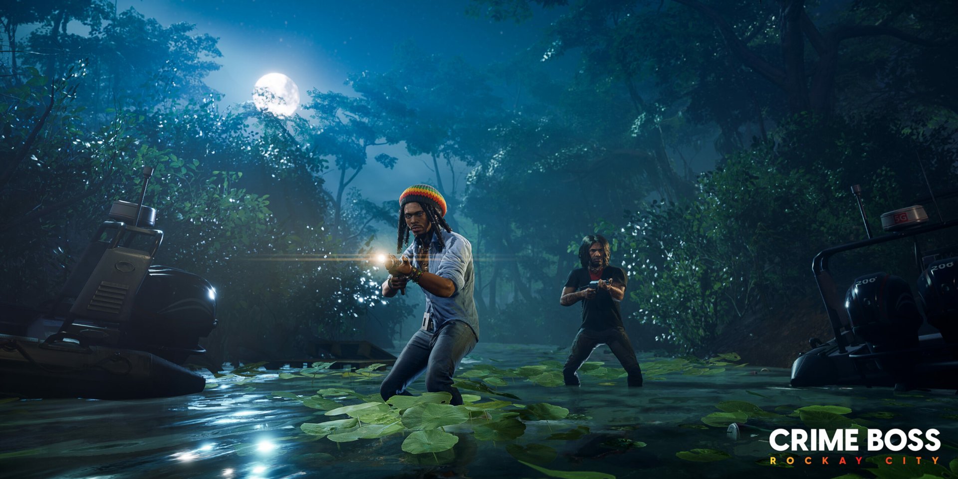 HD desktop wallpaper from Crime Boss: Rockay City featuring two characters in a jungle at night, engaging in a shootout under a full moon.