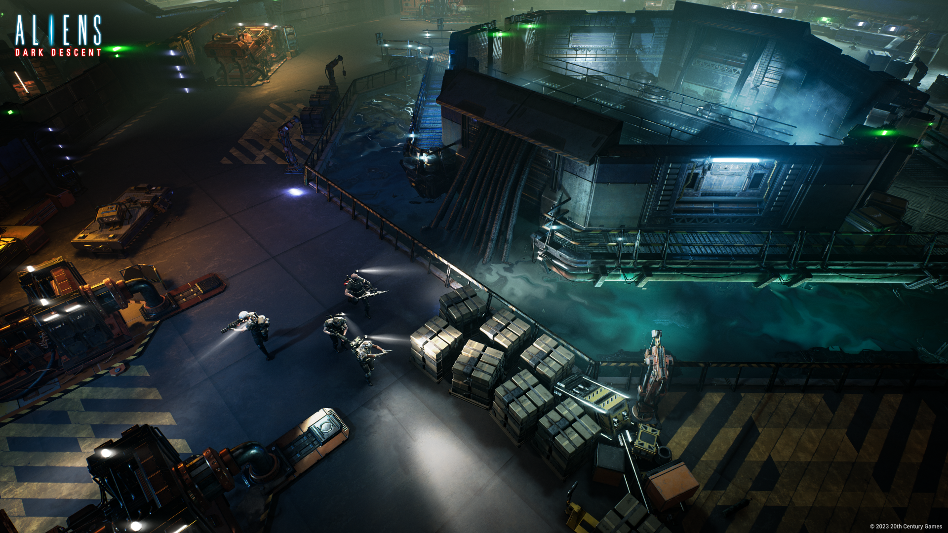 HD desktop wallpaper from the video game Aliens: Dark Descent, featuring a futuristic industrial setting with vehicles and illuminated structures.