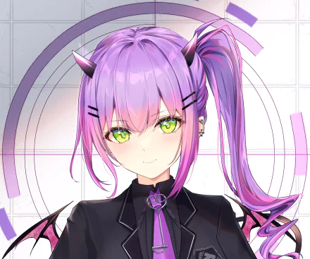 HD PC desktop wallpaper featuring Tokoyami Towa, a vibrant anime-style Virtual YouTuber from hololive, with striking green eyes and purple hair styled in a high ponytail.