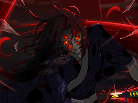 HD wallpaper of Kokushibo from Demon Slayer: Kimetsu no Yaiba. The dark anime art showcases Kokushibo with glowing red eyes and intense expression, set against a dark background with red accents.