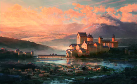 HD fantasy landscape of a medieval castle bathed in warm light at sunset, set against a dramatic sky with vibrant clouds and a river flowing through the foreground.