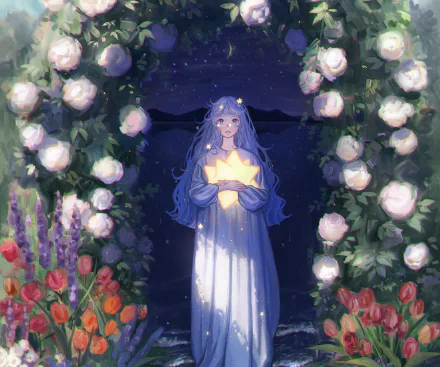 Anime girl with long blue hair stands by a serene lake at night, surrounded by glowing flowers under a starry sky in this HD fantasy desktop wallpaper.
