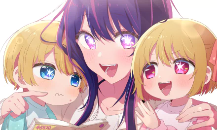 HD desktop wallpaper featuring Ruby Hoshino, Ai Hoshino, and Aquamarine Hoshino from the anime Oshi no Ko, with vibrant and cheerful expressions.