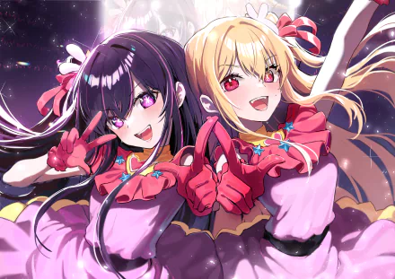 HD desktop wallpaper featuring Ruby Hoshino and Ai Hoshino from the anime Oshi no Ko, showcasing their vibrant outfits and lively expressions against a cosmic backdrop.