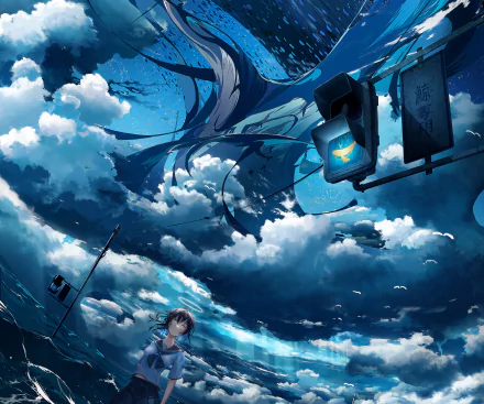 A captivating anime girl stands beneath a vibrant sky filled with swirling clouds, accompanied by a traffic light, creating an enchanting HD PC desktop wallpaper and background.