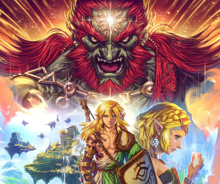 A vibrant HD wallpaper featuring Ganondorf, Princess Zelda, and Link from The Legend of Zelda: Tears of the Kingdom, showcasing a dynamic fantasy landscape.