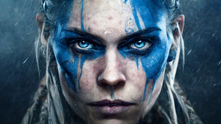 HD PC wallpaper featuring AI art of a fierce Viking woman with intense eyes and blue war paint streaked across her face in a stormy setting.