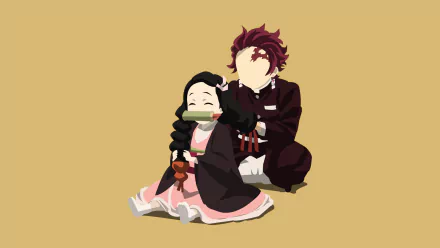 Minimalist HD desktop wallpaper featuring Tanjiro Kamado and Nezuko Kamado from the anime Demon Slayer: Kimetsu no Yaiba on a solid beige background.