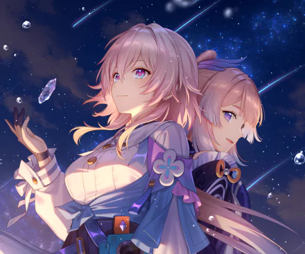 HD PC wallpaper featuring characters from Genshin Impact and Honkai: Star Rail, including Sangonomiya Kokomi, under a starry night sky with a cosmic theme.