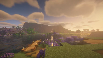 A vibrant Minecraft scene showcasing a serene landscape with lush greenery, a reflective lake, and a stunning sunset, captured in stunning 4K Ultra HD detail.