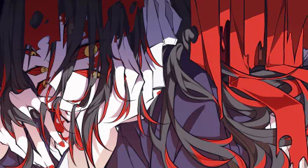 HD PC desktop wallpaper featuring Kokushibo from the anime Demon Slayer: Kimetsu no Yaiba with striking red and black tones.