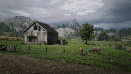 HD PC desktop wallpaper featuring a scenic farm landscape from the video game Red Dead Redemption 2, showcasing a rustic barn, grazing horses, and mountainous backdrop.
