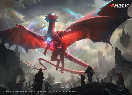 A vivid HD desktop wallpaper of a fiery red dragon soaring over a ruined landscape with three figures below, inspired by Magic: The Gathering artwork.