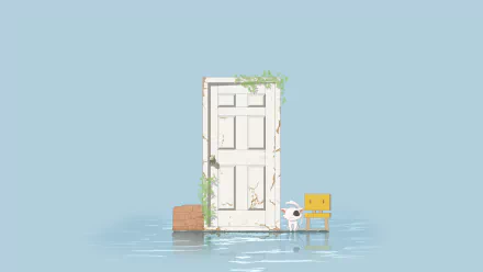 4K Ultra HD anime wallpaper from Suzume no Tojimari featuring a white door framed by plants, a small robot, and a yellow chair against a calm blue background.