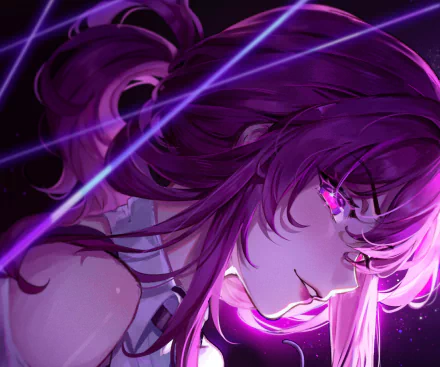 HD PC desktop wallpaper of Kafka from the video game Honkai: Star Rail, featuring vibrant purple tones and dynamic lighting for a striking background.