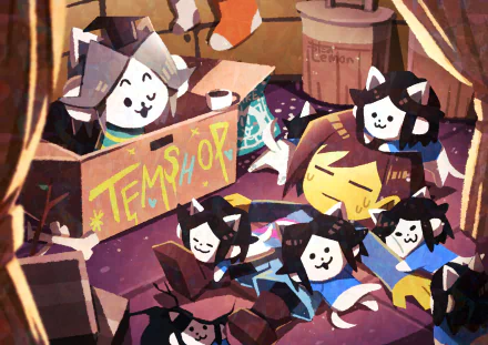 4K Ultra HD PC wallpaper featuring Temmie and Frisk from Undertale in a colorful, animated scene inside the Tem Shop.