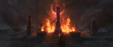 HD PC desktop wallpaper featuring a fiery, dark scene from the video game Diablo IV with a burning sword and a red eclipse in the background.