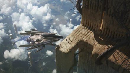 Sci-Fi 4K Ultra HD PC desktop wallpaper background: sleek spaceship hovers over clouds beside a colossal carved structure's weathered ledge.