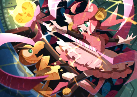 Vibrant 4K Ultra HD desktop wallpaper of Mad Mew Mew and Mad Dummy from the video game Undertale, dynamic cartoon characters locked in a colorful, energetic action scene.